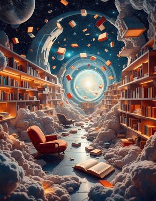 The primary subject of the image is a book-filled room with a large bookcase. The setting is a library, and the visual style is digital art. The room is filled with various books, and the dominant colors are white and orange. The overall atmosphere is one of creativity and knowledge.
